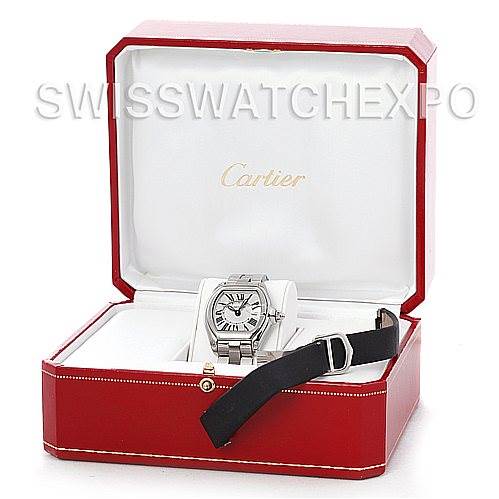 This image shows a Cartier Roadster W62016V3 Women
s Stainless Steel Silver Dial W62016V3 Women
s Stainless Steel Silver Dial watch in a red box with a black strap accessory included.