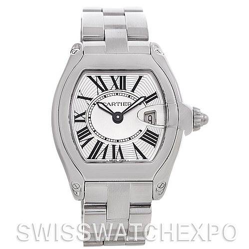This image shows a front view of the Cartier Roadster W62016V3 Women
s Stainless Steel Silver Dial W62016V3 Women
s Stainless Steel Silver Dial watch, highlighting the face, bezel, and bracelet.
