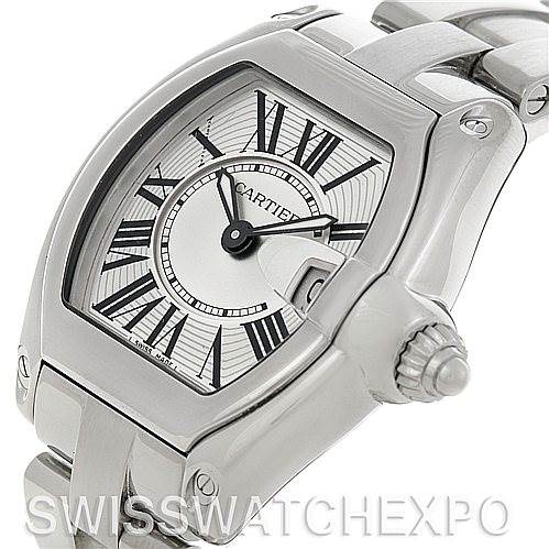 This Cartier Roadster W62016V3 Women
s Stainless Steel Silver Dial W62016V3 Women
s Stainless Steel Silver Dial watch is shown at a slight angle, displaying the face, bezel, crown, and part of the bracelet.