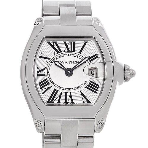 The image shows a Cartier Roadster W62016V3 Women
s Stainless Steel Silver Dial W62016V3 Women
s Stainless Steel Silver Dial watch from the front, highlighting the face, dial, and part of the band.