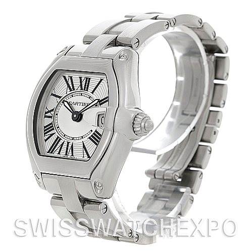 This image shows a Cartier Roadster W62016V3 Women
s Stainless Steel Silver Dial W62016V3 Women
s Stainless Steel Silver Dial watch at a three-quarter angle, highlighting the dial, case, crown, and bracelet.