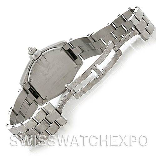 The image shows a Cartier Roadster W62016V3 Women
s Stainless Steel Silver Dial W62016V3 Women
s Stainless Steel Silver Dial watch from the back, highlighting the open bracelet and clasp mechanism.