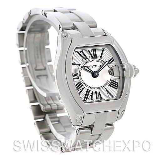 The image shows a Cartier Roadster W62016V3 Women
s Stainless Steel Silver Dial W62016V3 Women
s Stainless Steel Silver Dial watch angled to display its face, case, and part of the bracelet.