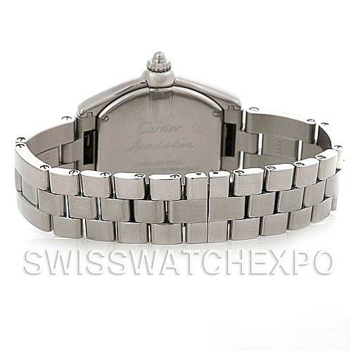 This image shows the back view of a Cartier Roadster W62016V3 Women
s Stainless Steel Silver Dial W62016V3 Women
s Stainless Steel Silver Dial watch focusing on the case back and the stainless steel bracelet.