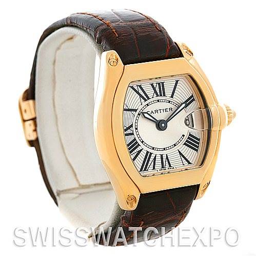 The image shows a Cartier Roadster W62018Y5 Women's Yellow Gold Silver Dial W62018Y5 Women's Yellow Gold Silver Dial watch at a slight right side angle, highlighting the dial, case, and brown leather strap.