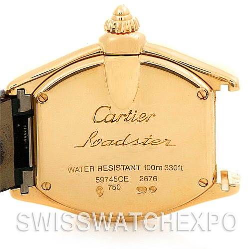 The image shows the back case of a Cartier Roadster W62018Y5 Women's Yellow Gold Silver Dial W62018Y5 Women's Yellow Gold Silver Dial watch, highlighting the engraving and water resistance details.