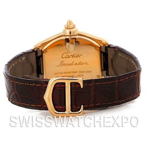 The image shows the back view of a Cartier Roadster W62018Y5 Women's Yellow Gold Silver Dial W62018Y5 Women's Yellow Gold Silver Dial model watch featuring a leather strap and Cartier-engraved buckle.