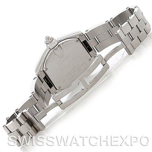 The image shows the back view of a Cartier Roadster W62016V3 Women
s Stainless Steel Silver Dial W62016V3 Women
s Stainless Steel Silver Dial model watch, focusing on the case back and metal bracelet.