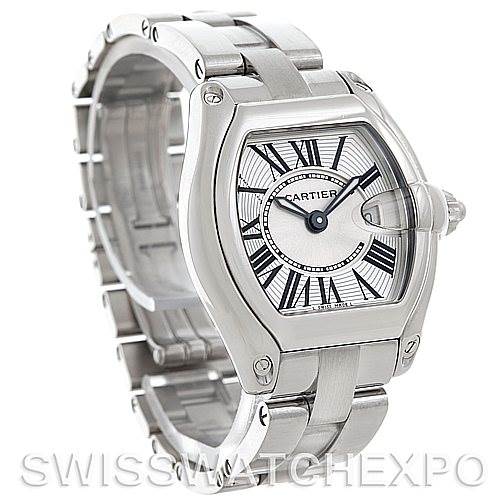 The image shows a Cartier Roadster W62016V3 Women
s Stainless Steel Silver Dial W62016V3 Women
s Stainless Steel Silver Dial watch at a three-quarter angle highlighting the face, bezel, and part of the bracelet.