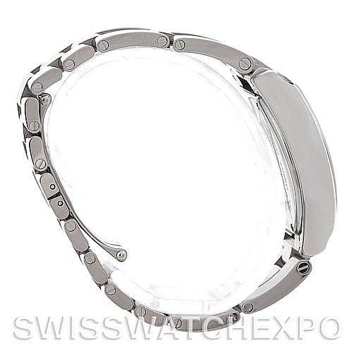 The image shows the side view of a Cartier Roadster W62016V3 Women
s Stainless Steel Silver Dial W62016V3 Women
s Stainless Steel Silver Dial watch, highlighting the metal bracelet and case.