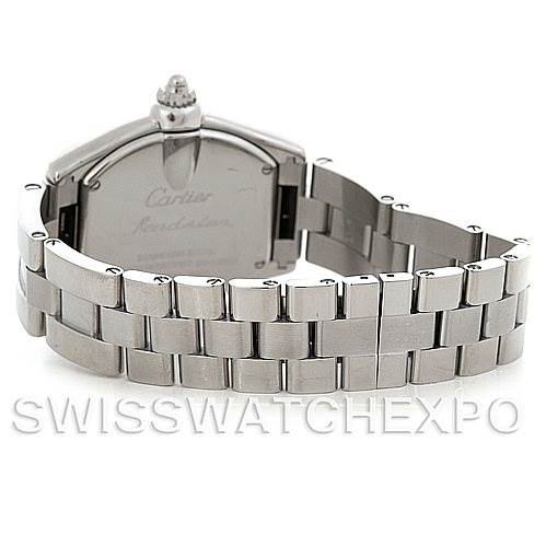 This image shows the back view of a Cartier Roadster W62016V3 Women
s Stainless Steel Silver Dial W62016V3 Women
s Stainless Steel Silver Dial watch, focusing on the case back and metal bracelet.