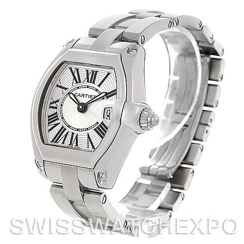 The Cartier Roadster W62016V3 Women
s Stainless Steel Silver Dial W62016V3 Women
s Stainless Steel Silver Dial watch is shown at an angle highlighting its face, bezel, and stainless steel bracelet.