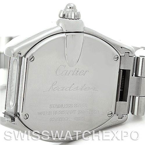 The image shows the back case of a Cartier Roadster W62016V3 Women
s Stainless Steel Silver Dial W62016V3 Women
s Stainless Steel Silver Dial watch, with engravings and parts of the stainless steel bracelet.