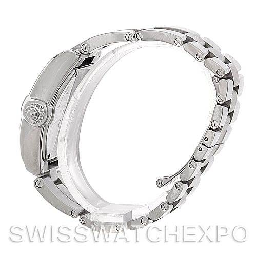 This image shows a side view of the Cartier Roadster W62016V3 Women
s Stainless Steel Silver Dial W62016V3 Women
s Stainless Steel Silver Dial watch, highlighting the bracelet and crown.