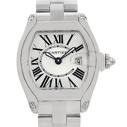 The image shows a Cartier Roadster W62016V3 Women
s Stainless Steel Silver Dial W62016V3 Women
s Stainless Steel Silver Dial watch from a front angle, highlighting its dial, bezel, hands, and bracelet.