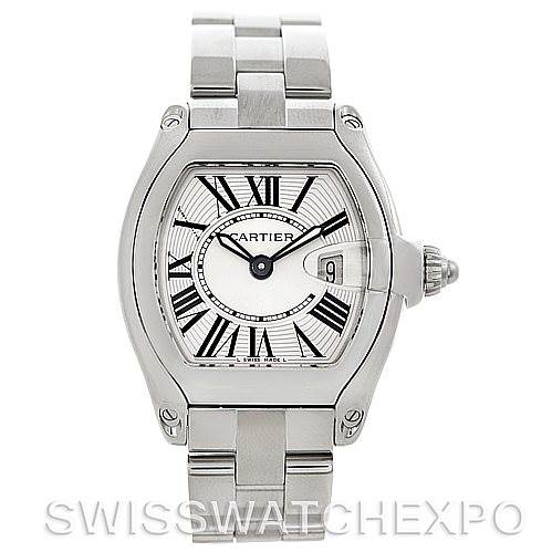 The image shows a front view of the Cartier Roadster W62016V3 Women
s Stainless Steel Silver Dial W62016V3 Women
s Stainless Steel Silver Dial watch, highlighting its face, bezel, bracelet, and crown.