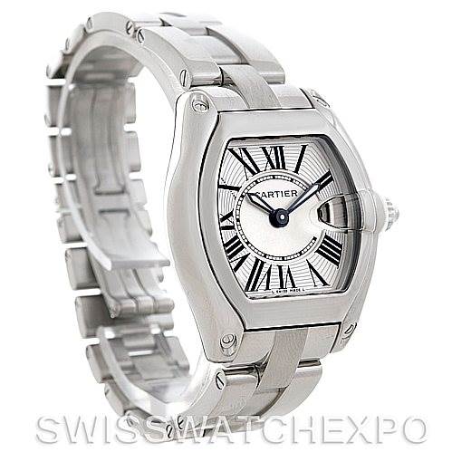 The image shows a Cartier Roadster W62016V3 Women
s Stainless Steel Silver Dial W62016V3 Women
s Stainless Steel Silver Dial watch from an angled side view, highlighting the face, bracelet, and crown.