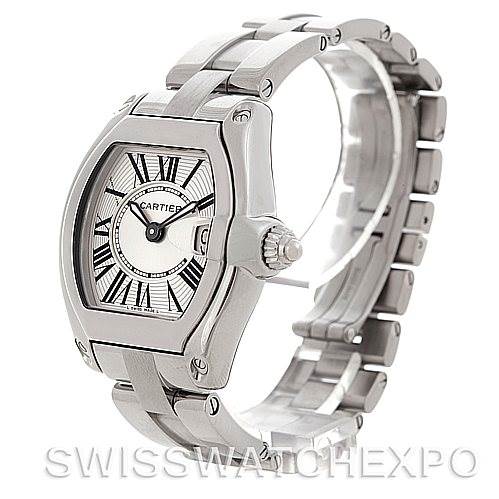 The image shows a three-quarter angle view of the Cartier Roadster W62016V3 Women
s Stainless Steel Silver Dial W62016V3 Women
s Stainless Steel Silver Dial watch, highlighting its face, bracelet, and crown.