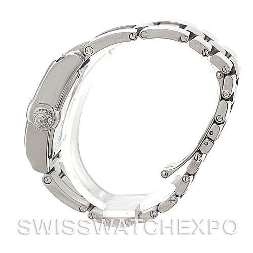 The image shows a side profile view of a Cartier Roadster W62016V3 Women
s Stainless Steel Silver Dial W62016V3 Women
s Stainless Steel Silver Dial watch, highlighting its case, crown, and bracelet.