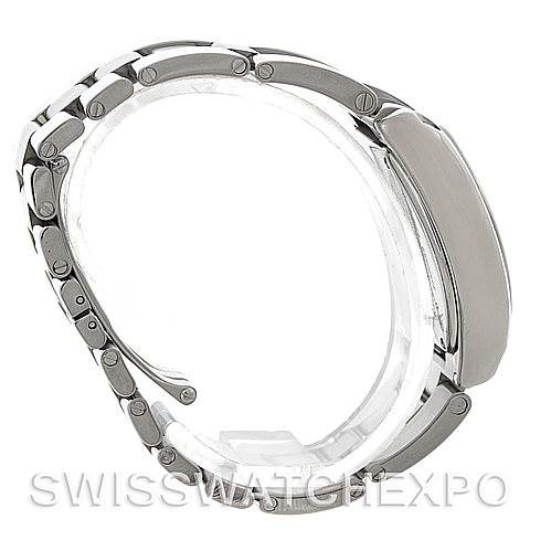 The image shows a side view of a Cartier Roadster W62016V3 Women
s Stainless Steel Silver Dial W62016V3 Women
s Stainless Steel Silver Dial watch, highlighting its case and stainless steel bracelet.