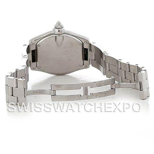 This image shows the back view of the Cartier Roadster W62016V3 Women
s Stainless Steel Silver Dial W62016V3 Women
s Stainless Steel Silver Dial watch, focusing on the case back and bracelet.