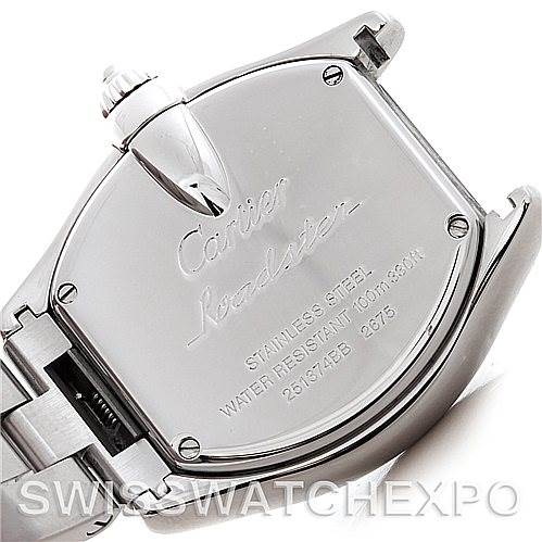 This image shows the case back of a Cartier Roadster W62016V3 Women
s Stainless Steel Silver Dial W62016V3 Women
s Stainless Steel Silver Dial watch, including the brand engraving and model information.