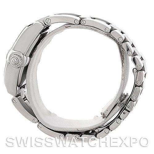 This image shows a side view of a Cartier Roadster W62016V3 Women
s Stainless Steel Silver Dial W62016V3 Women
s Stainless Steel Silver Dial watch focusing on its metal bracelet and crown.