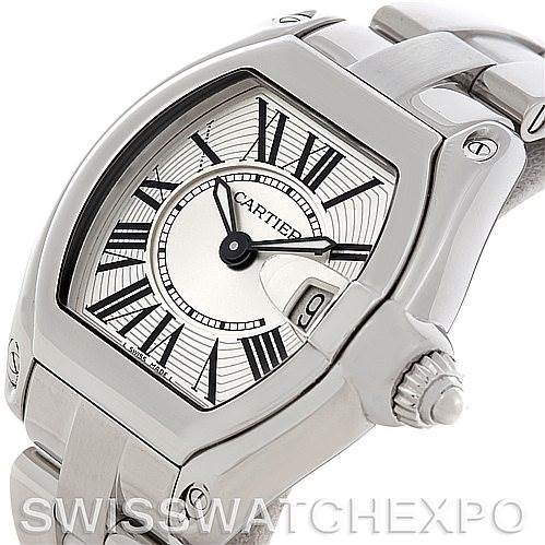 The watch, a Cartier Roadster W62016V3 Women
s Stainless Steel Silver Dial W62016V3 Women
s Stainless Steel Silver Dial model, is shown at an oblique angle highlighting the dial, case, crown, and part of the bracelet.