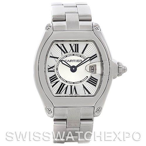This image shows a front view of the Cartier Roadster W62016V3 Women
s Stainless Steel Silver Dial W62016V3 Women
s Stainless Steel Silver Dial watch, displaying the face, bracelet, and crown.