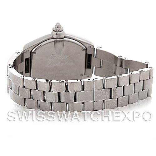 This image shows the back of a Cartier Roadster W62016V3 Women
s Stainless Steel Silver Dial W62016V3 Women
s Stainless Steel Silver Dial watch, focusing on the bracelet and case.
