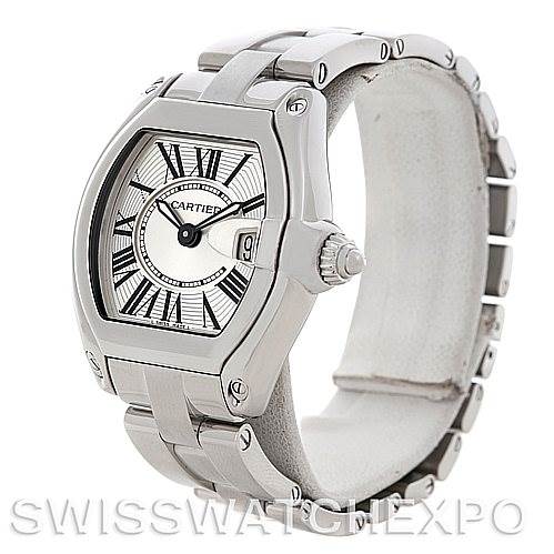 The image shows a Cartier Roadster W62016V3 Women
s Stainless Steel Silver Dial W62016V3 Women
s Stainless Steel Silver Dial watch from a front angle highlighting the face, bezel, crown, and bracelet.