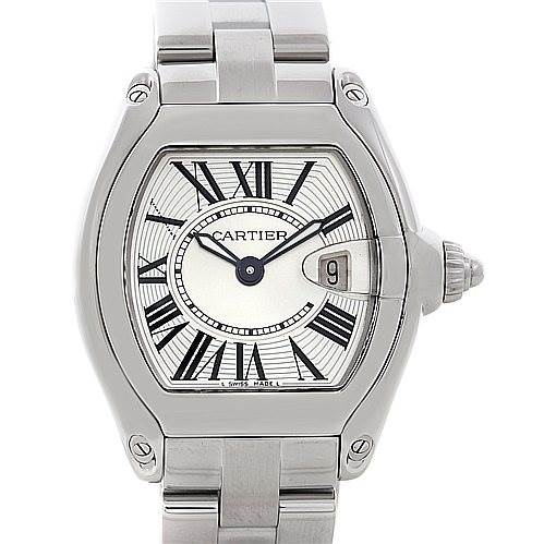 The image shows a front view of the Cartier Roadster W62016V3 Women
s Stainless Steel Silver Dial W62016V3 Women
s Stainless Steel Silver Dial watch, highlighting the dial, case, crown, and part of the bracelet.