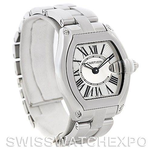 The image shows a Cartier Roadster W62016V3 Women
s Stainless Steel Silver Dial W62016V3 Women
s Stainless Steel Silver Dial watch taken from a front angle, highlighting its face, bezel, and bracelet.