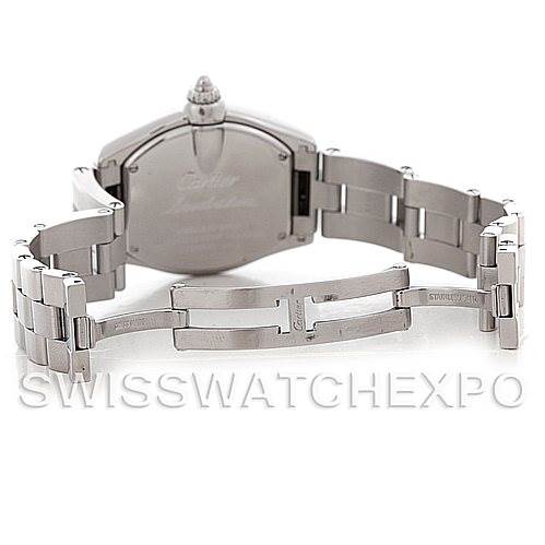 The image shows the back of the Cartier Roadster W62016V3 Women
s Stainless Steel Silver Dial W62016V3 Women
s Stainless Steel Silver Dial watch with an open metal bracelet and visible clasp.