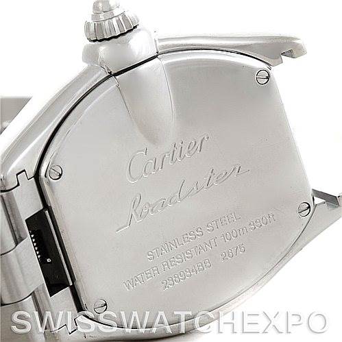 The image shows the case back of a Cartier Roadster W62017V3 Women's Stainless Steel Pink Dial W62017V3 Women's Stainless Steel Pink Dial watch, highlighting the brand and model inscriptions.