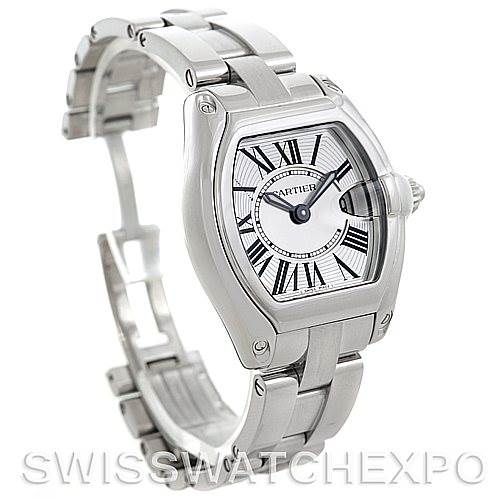 The image shows a Cartier Roadster W62016V3 Women's Stainless Steel Silver Dial W62016V3 Women's Stainless Steel Silver Dial watch at a three-quarter angle, highlighting the watch face, case, and metal bracelet.