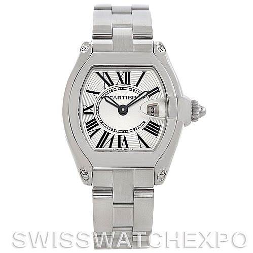 The image shows a Cartier Roadster W62016V3 Women's Stainless Steel Silver Dial W62016V3 Women's Stainless Steel Silver Dial watch from the front, displaying its face, bezel, bracelet, and date window.