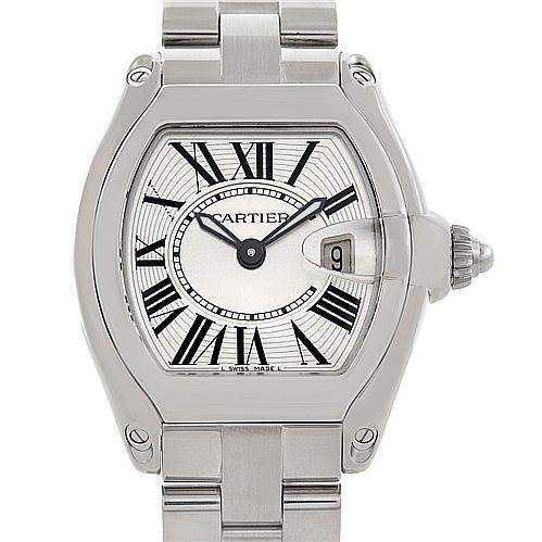 This image shows a front view of the Cartier Roadster W62016V3 Women's Stainless Steel Silver Dial W62016V3 Women's Stainless Steel Silver Dial watch, displaying the dial, hands, Roman numerals, and part of the metal bracelet.