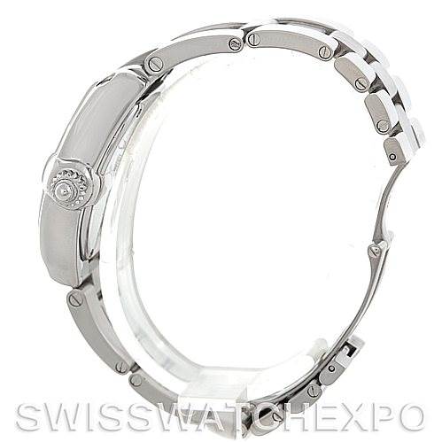 This image shows a side profile view of the Cartier Roadster W62016V3 Women's Stainless Steel Silver Dial W62016V3 Women's Stainless Steel Silver Dial watch, highlighting the bracelet and crown.