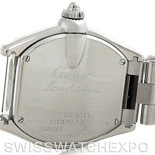 The image shows the back of the stainless steel Cartier Roadster W62016V3 Women's Stainless Steel Silver Dial W62016V3 Women's Stainless Steel Silver Dial watch, including engraved details and the clasp mechanism.