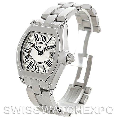 The image shows a Cartier Roadster W62016V3 Women's Stainless Steel Silver Dial W62016V3 Women's Stainless Steel Silver Dial watch at an angled side view, highlighting the face, crown, and bracelet.