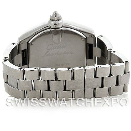 The image shows the back view of a Cartier Roadster W62016V3 Women's Stainless Steel Silver Dial W62016V3 Women's Stainless Steel Silver Dial watch, highlighting its case and stainless steel bracelet.