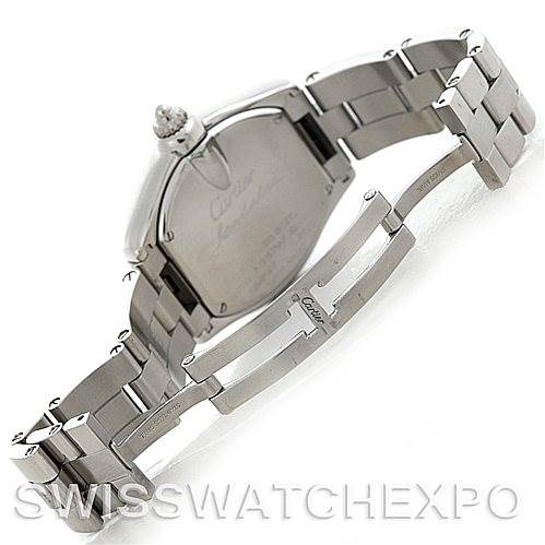 The image shows the back and partially opened bracelet of a Cartier Roadster W62016V3 Women's Stainless Steel Silver Dial W62016V3 Women's Stainless Steel Silver Dial watch from an angled perspective.