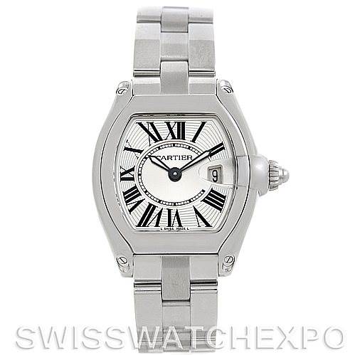 The image shows a front view of a Cartier Roadster W62016V3 Women's Stainless Steel Silver Dial W62016V3 Women's Stainless Steel Silver Dial watch, highlighting its face, bezel, and bracelet.