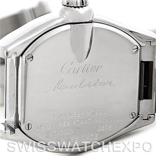 The image shows the back case of the Cartier Roadster W62016V3 Women's Stainless Steel Silver Dial W62016V3 Women's Stainless Steel Silver Dial watch, highlighting its engravings and stainless steel material.