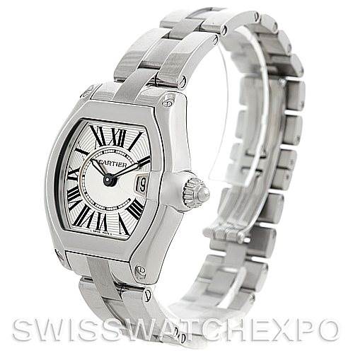 The image shows a Cartier Roadster W62016V3 Women's Stainless Steel Silver Dial W62016V3 Women's Stainless Steel Silver Dial model watch at a three-quarter angle, highlighting the face, bezel, and bracelet.