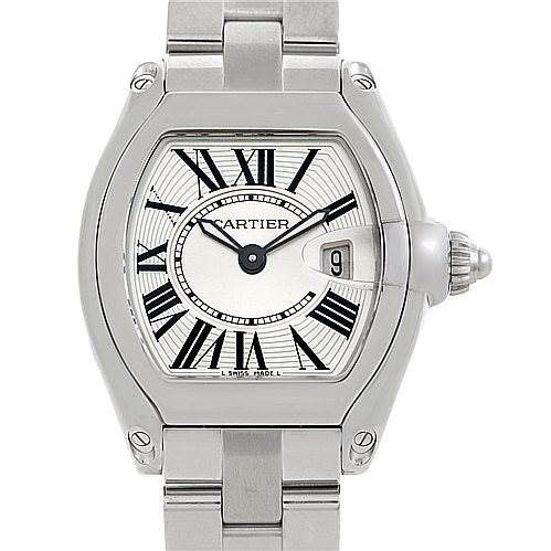 The Cartier Roadster W62016V3 Women's Stainless Steel Silver Dial W62016V3 Women's Stainless Steel Silver Dial watch is shown from a front angle, displaying the dial, case, and part of the bracelet.