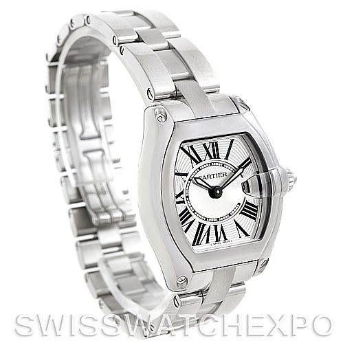 This image shows the Cartier Roadster W62016V3 Women's Stainless Steel Silver Dial W62016V3 Women's Stainless Steel Silver Dial watch from a three-quarters angle, highlighting its face, bezel, and bracelet.