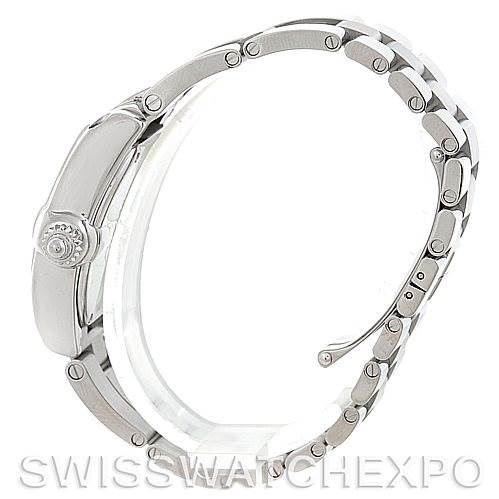 The image shows a Cartier Roadster W62016V3 Women's Stainless Steel Silver Dial W62016V3 Women's Stainless Steel Silver Dial model watch from a side angle, highlighting the bracelet and partially the case.