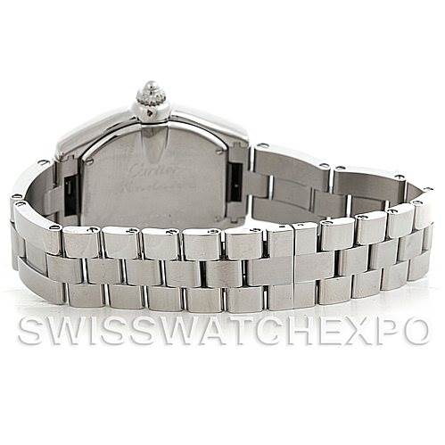 The image shows the back view of a Cartier Roadster W62016V3 Women's Stainless Steel Silver Dial W62016V3 Women's Stainless Steel Silver Dial watch with focus on the stainless steel bracelet and case back.